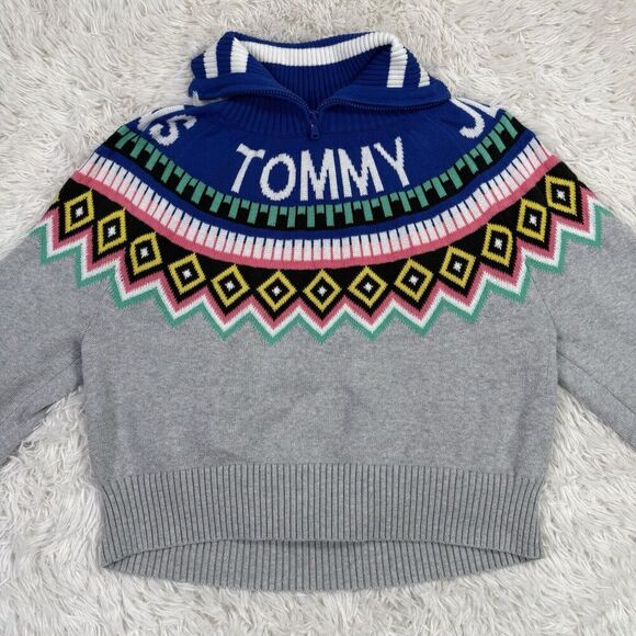 Tommy Hilfiger‎ Sweater Logo Geometric Blue Pink Aztec Zip Collared Turtleneck L - Picture 1 of 16